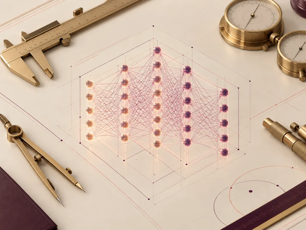 A neural network being measured on a drafting table