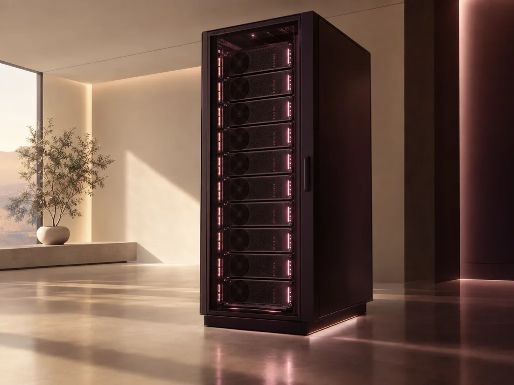 A single private AI server rack glowing softly in a minimal room