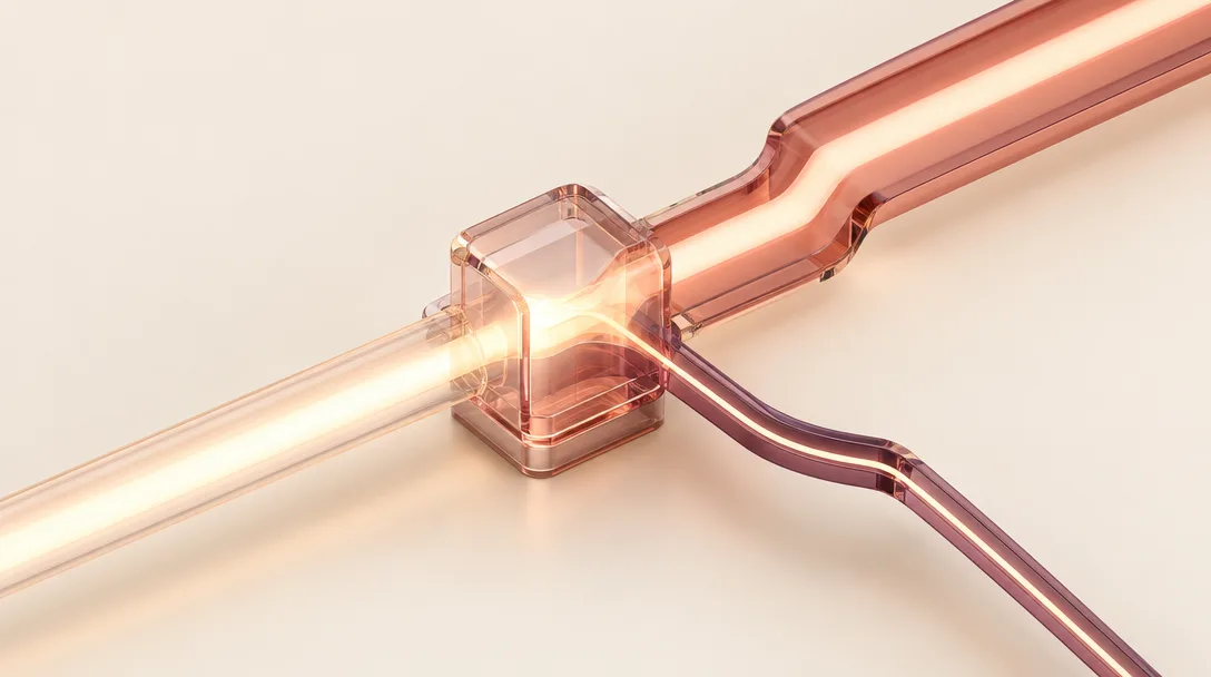 A single stream of light entering a glass hub and splitting into two paths
